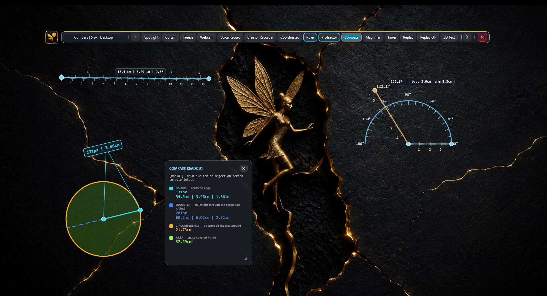 OS Pen on-screen ruler, protractor, and compass tools on Windows